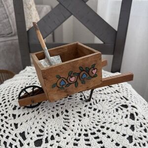 Vintage Rustic Wood Wheelbarrow Planter w/ Pyrography Hearts with Shovel Decor